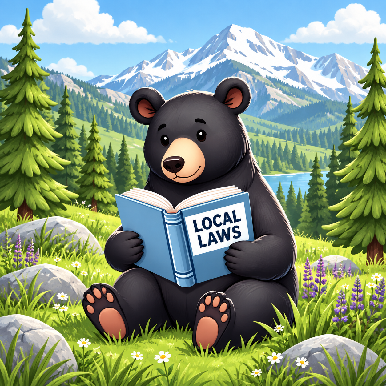 Illustration of a black bear reading a book titled “Local Laws” in a mountain forest.